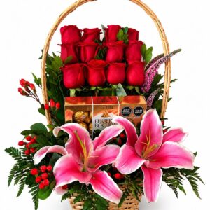 Canasta de Rosas, lirios + chocolates